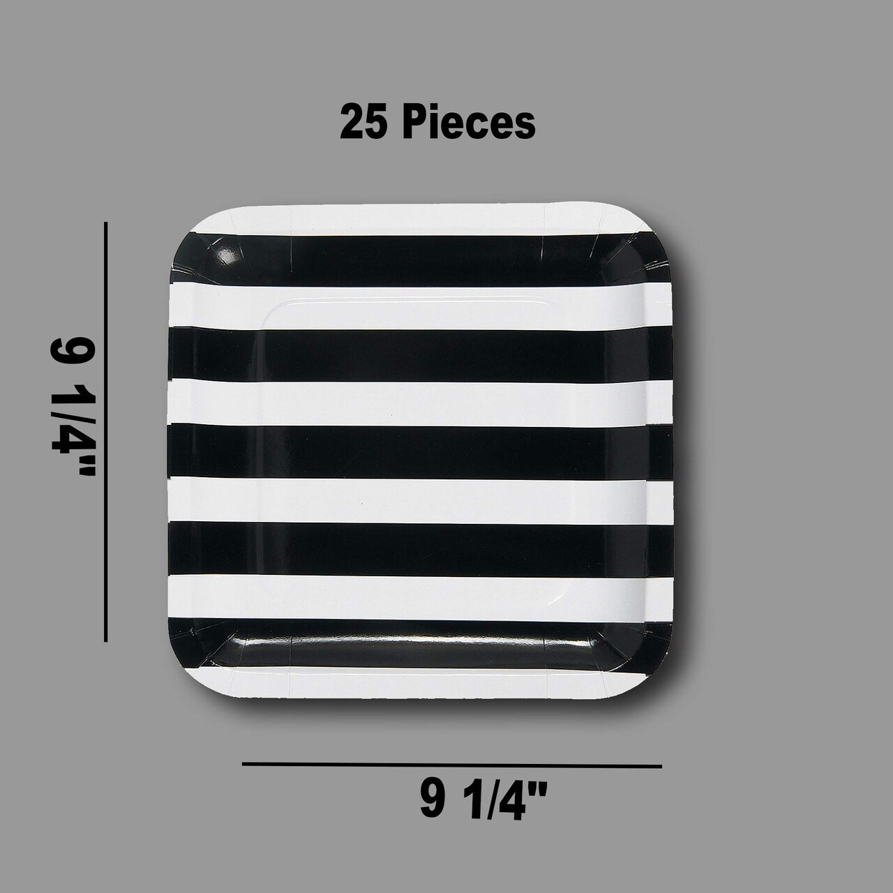25 Count Black and White Striped Square Paper Dinner Plates Disposable 9 1/4"